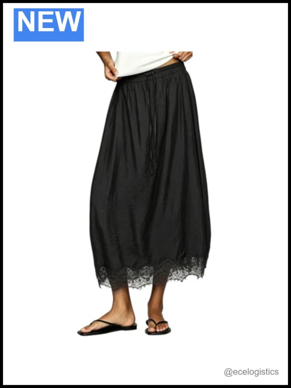 Boho Midi Skirt with Lace Trim and Drawstring
